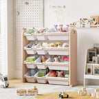 VECELO Kids Bookshelf Toy Storage with 12 Bins, Wooden Toy Rack for Toddlers, Large-Capacity Playroom Storage for Books or Toys