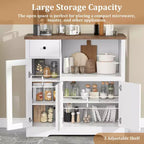 White & Walnut Kitchen Microwave Cabinet - 3-Door Pantry Storage Buffet with Adjustable Shelves for Dining Room, Living Room & Hallway