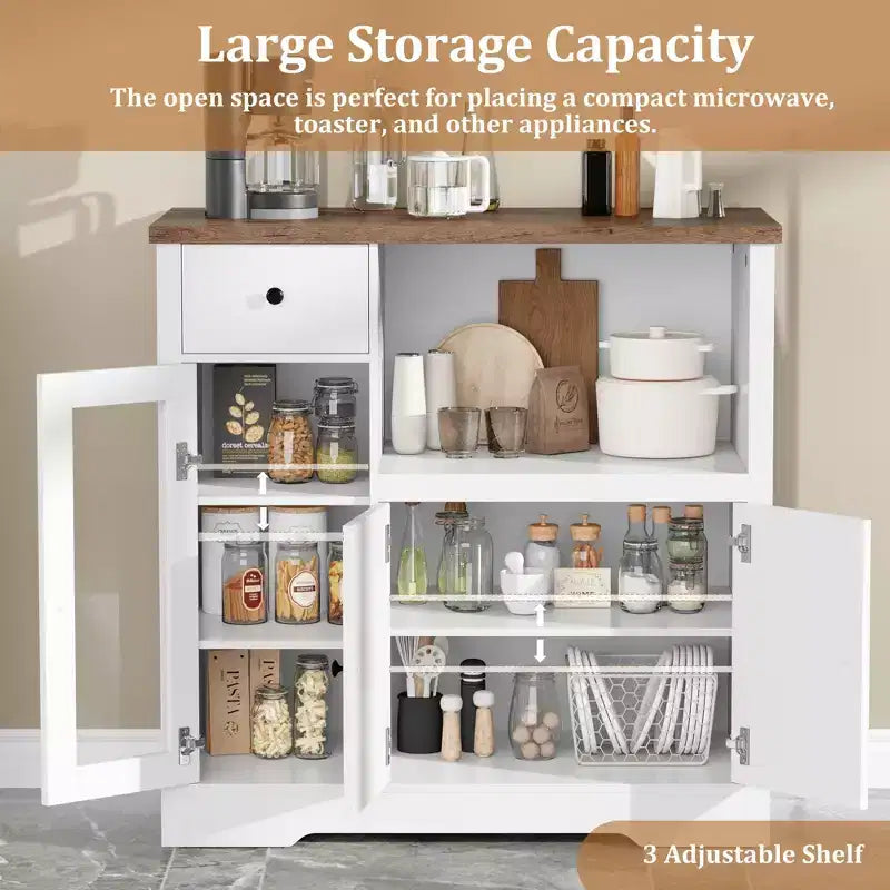 White & Walnut Kitchen Microwave Cabinet - 3-Door Pantry Storage Buffet with Adjustable Shelves for Dining Room, Living Room & Hallway