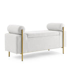 Upholstered Linen Storage Bench with Cylindrical Arms and Gold Metal Legs