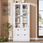 Farmhouse Kitchen Pantry Cabinet with Glass Doors, 72in Storage Cupboard with Drawers and Adjustable Shelves for Dining Room Bathroom Living Room
