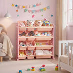 VECELO Kids Bookshelf Toy Storage with 12 Bins, Wooden Toy Rack for Toddlers, Large-Capacity Playroom Storage for Books or Toys