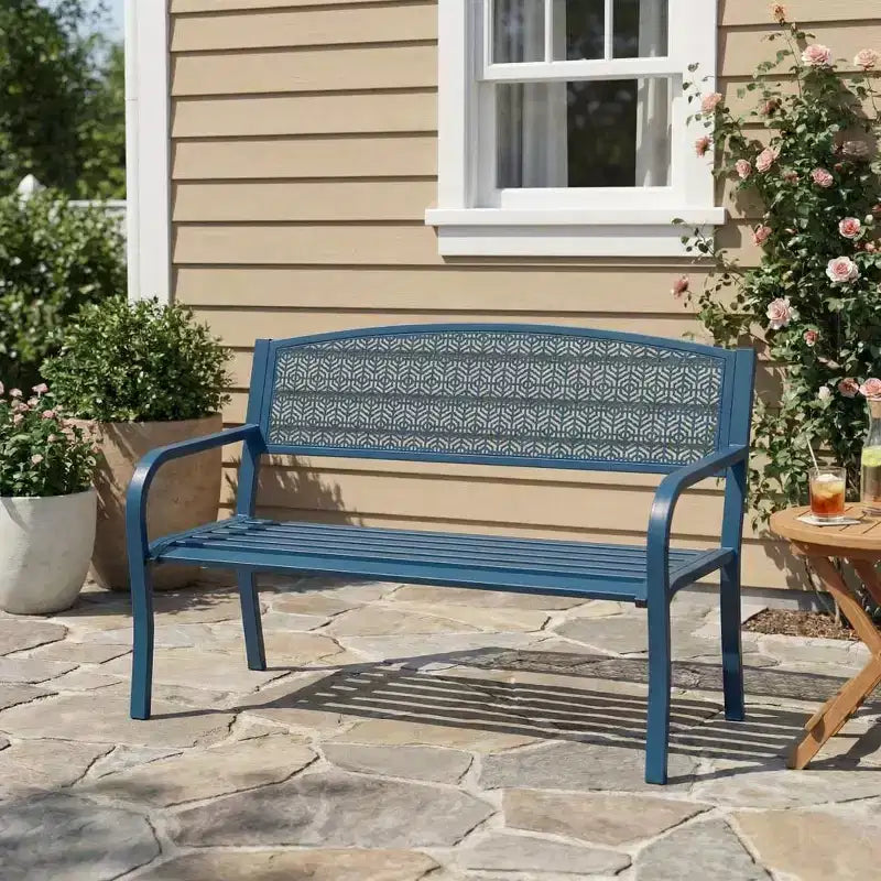 2 Person Metal Outdoor Bench for Garden, Steel Benches Furniture with Geometric Backrest for Patio, Garden & Porch