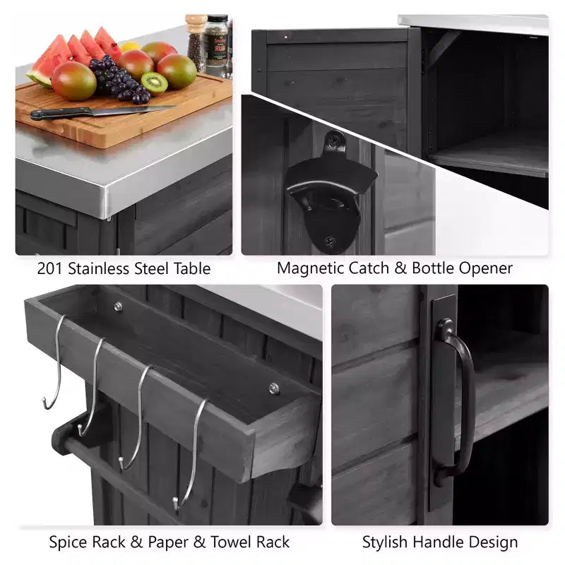 Outdoor Kitchen Island with Foldable Side Table,Outdoor Grill Cart with Stainless Steel Top,Hidden Trash Cabinet for Lawn & Garden