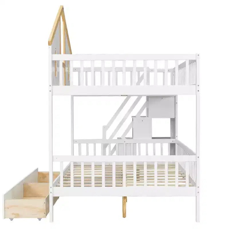 Whisen Twin Size Bunk Bed with Window Door and Roof, Storage Drawers and Staircase