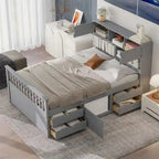 Twin/Full Size Captain Platform Bed with 4 Drawers and Storage Shelves, Solid Wood Bed Frame with Storage Bookcase Headboard