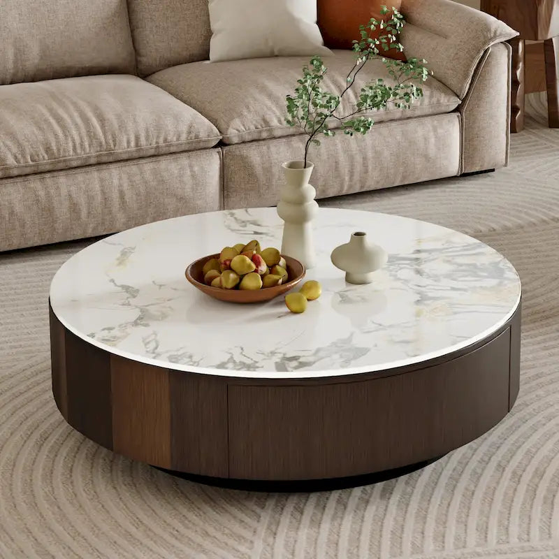 35 Modern Faux Marble Round Coffee Table, White Glossy Sintered Stone Tabletop, Mid Century Table with Solid Wood Drawer