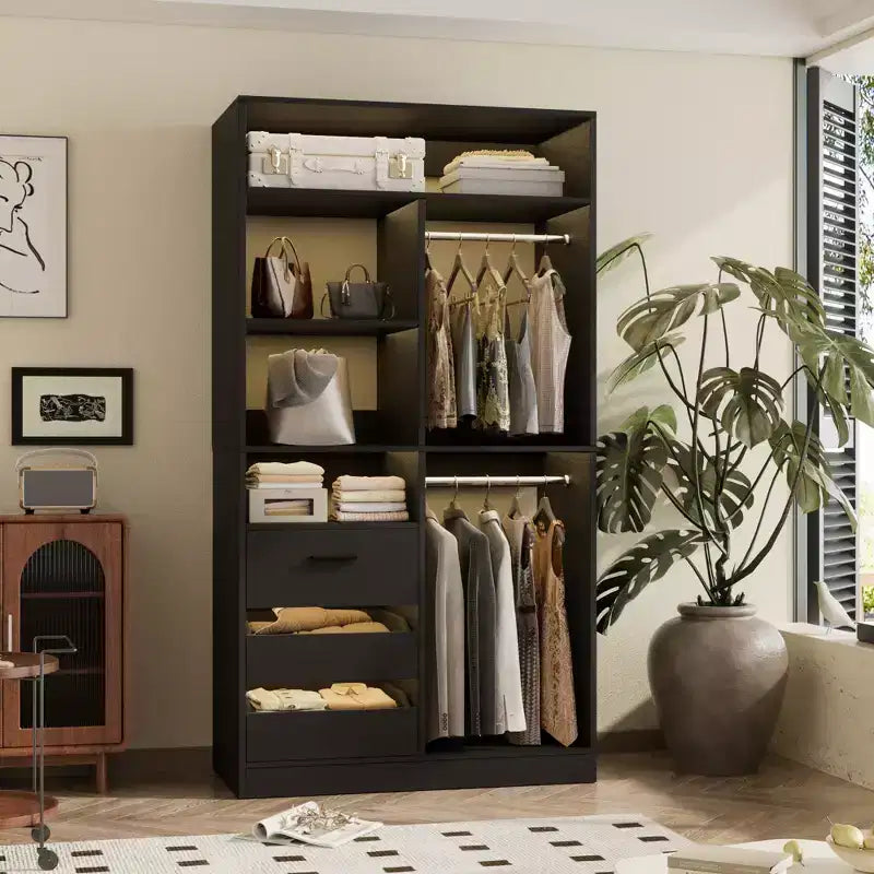 Closet Organizer with Wood Drawers, Freestanding Closet System with Hanging Rods