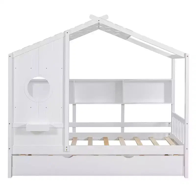 Twin Size House Bed with Trundle and Storage Shelf for Kids, White