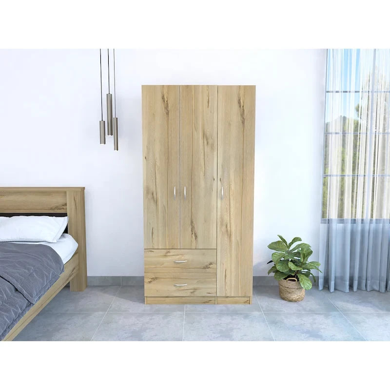 FM Furniture Eureka 3 Door Armoire with 2 Drawers, Inner Shelves, and Rod