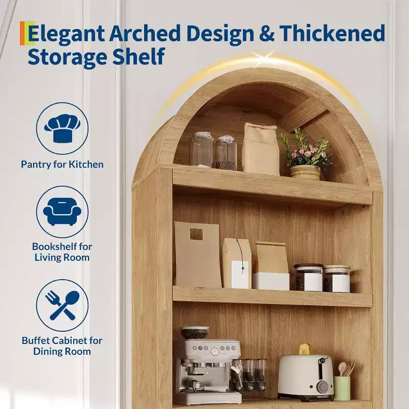 72 Tall Arched Cabinet, 5 Tier Arched Bookshelf with Double Doors & Adjustable Shelf, Wooden Bookcase with Storage for Home Office
