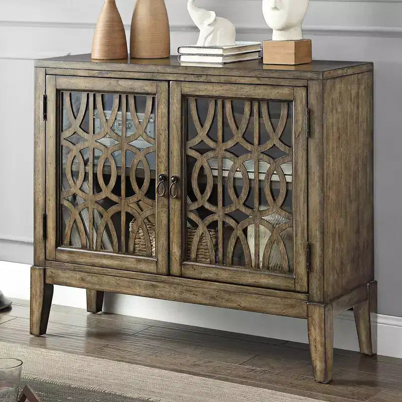 40 Wide Glass Door Accent Cabinet with Adjustable Shelf, Distressed Parchment Finish