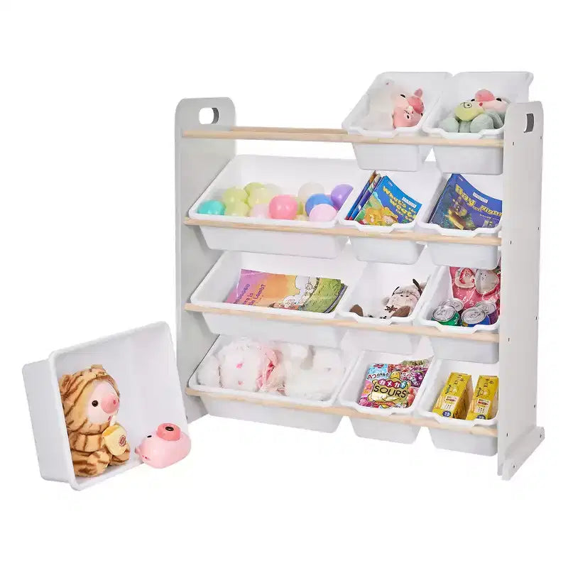 VECELO Kids Bookshelf Toy Storage with 12 Bins, Wooden Toy Rack for Toddlers, Large-Capacity Playroom Storage for Books or Toys