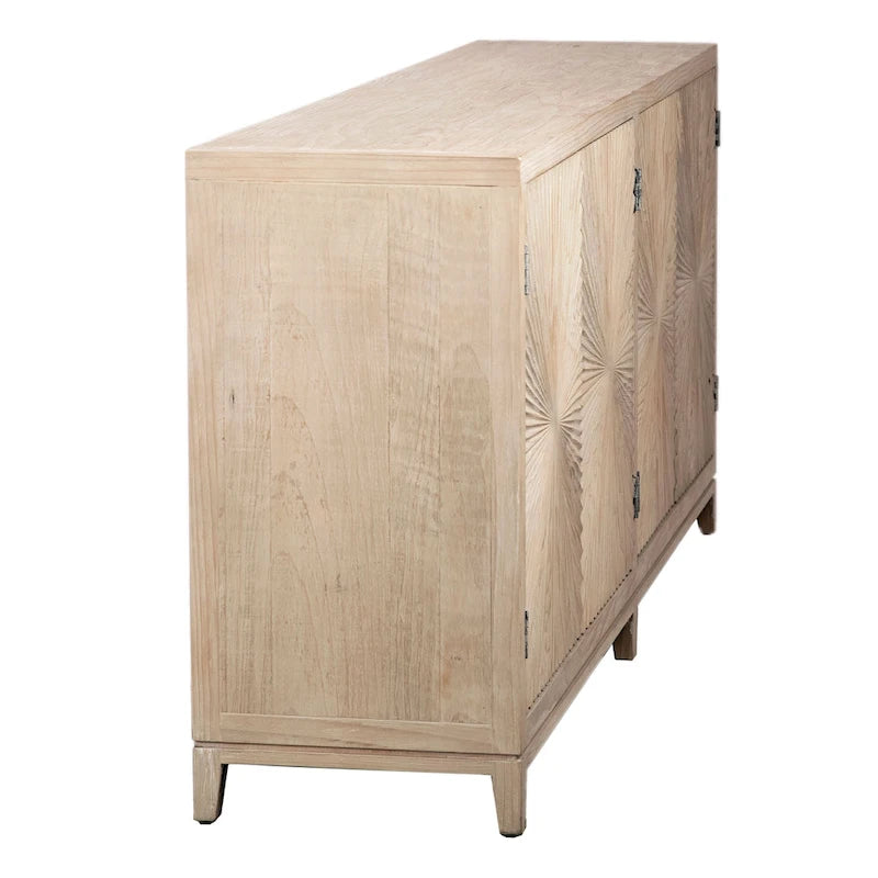 Isabelle 79-inch Pine Light Wash 4-Door Sideboard with Hand Carved Burst Pattern Door Fronts