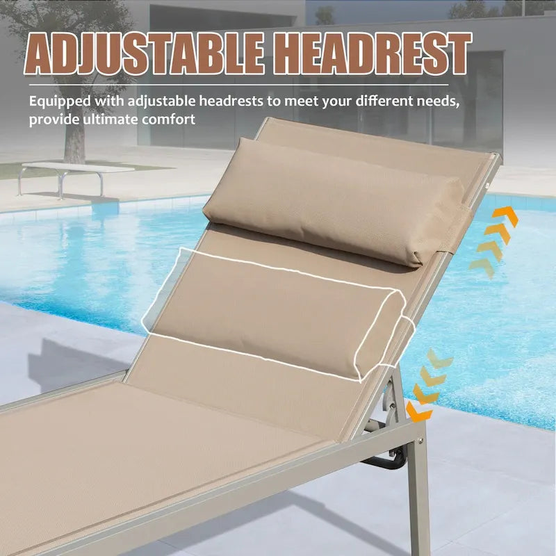Patio Chaise Lounge Set of 3, Aluminum Pool Lounge Chairs with Side Table, Outdoor Adjustable Recliner All Weather