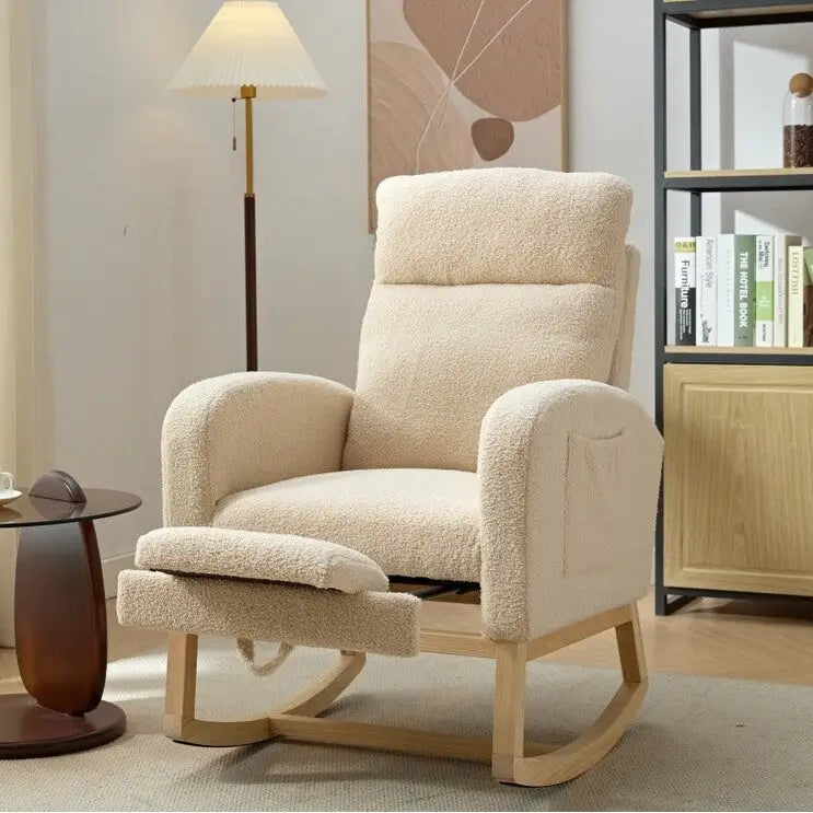 Modern 29.5 High Back Upholstered Rocking Chair with Solid Wood Legs and Adjustable Footrest