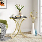 Small Modern Round Side Table End Table Nightstand with Gold Metal Frame and Faux Marble Veneer Engineered Wood for Living Room