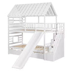 Whisen Twin over Twin House Bunk Bed with Trundle and Slide, Storage Staircase, Roof and Window Design