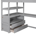 Twin Size Loft Bed with Desk and Shelves, Two Built-in Drawers, Storage Staircase