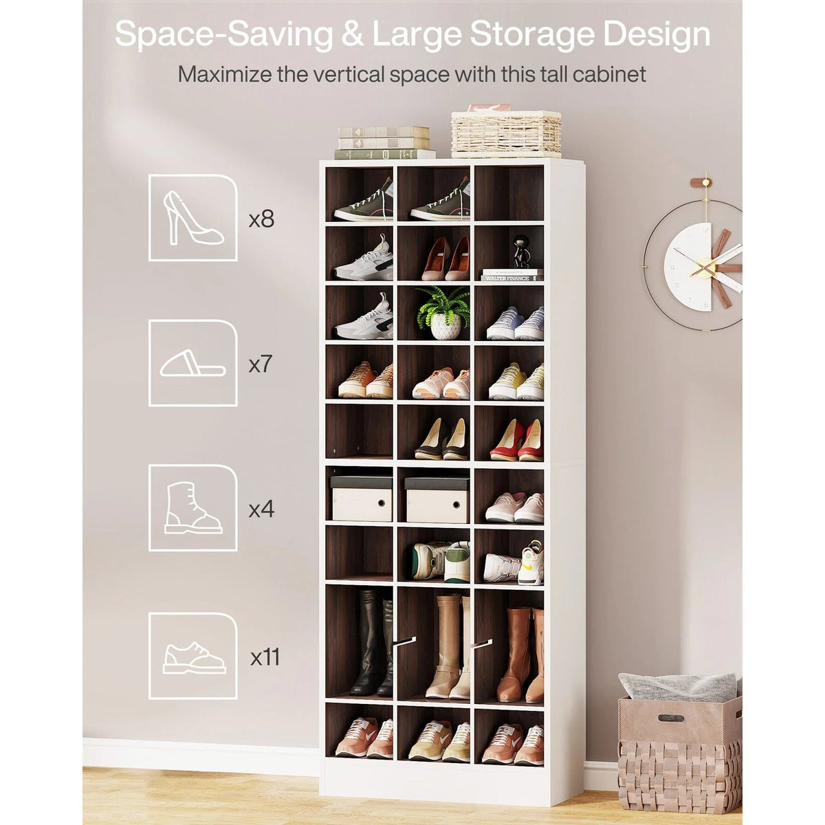 30 Pairs Tall Shoe Cabinet, 10 Tiers White Wooden Shoe Storage Rack for Closet, Entryway - 10-tier
