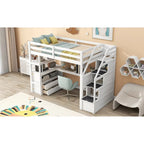Twin Size Loft Bed with Desk and Shelves, Two Built-in Drawers, Storage Staircase