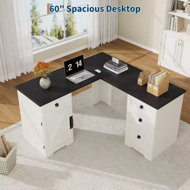 60 Farmhouse L-Shaped Executive Desk  Corner Home Office Desk with File Drawer, Storage Cabinet & Adjustable Shelf