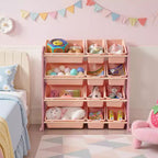 VECELO Kids Bookshelf Toy Storage with 12 Bins, Wooden Toy Rack for Toddlers, Large-Capacity Playroom Storage for Books or Toys