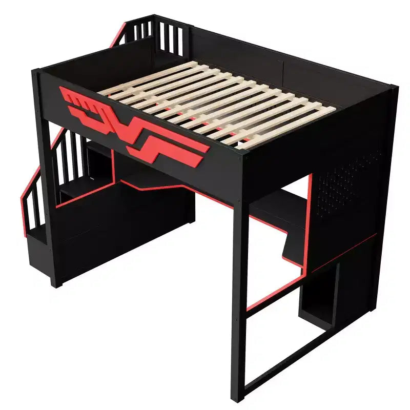 Whisen Full Size Gaming Loft Bed Frame with Desk and Storage Staircase - Red & Black