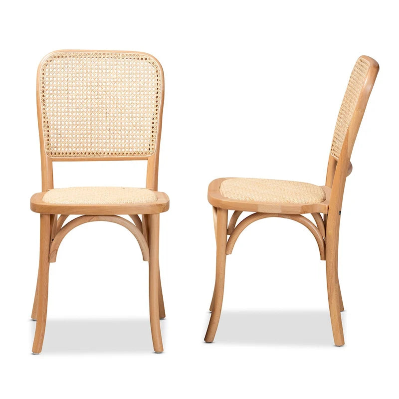 Neah Mid-Century Modern 2-Piece Woven Rattan and Wood Dining Chair Set