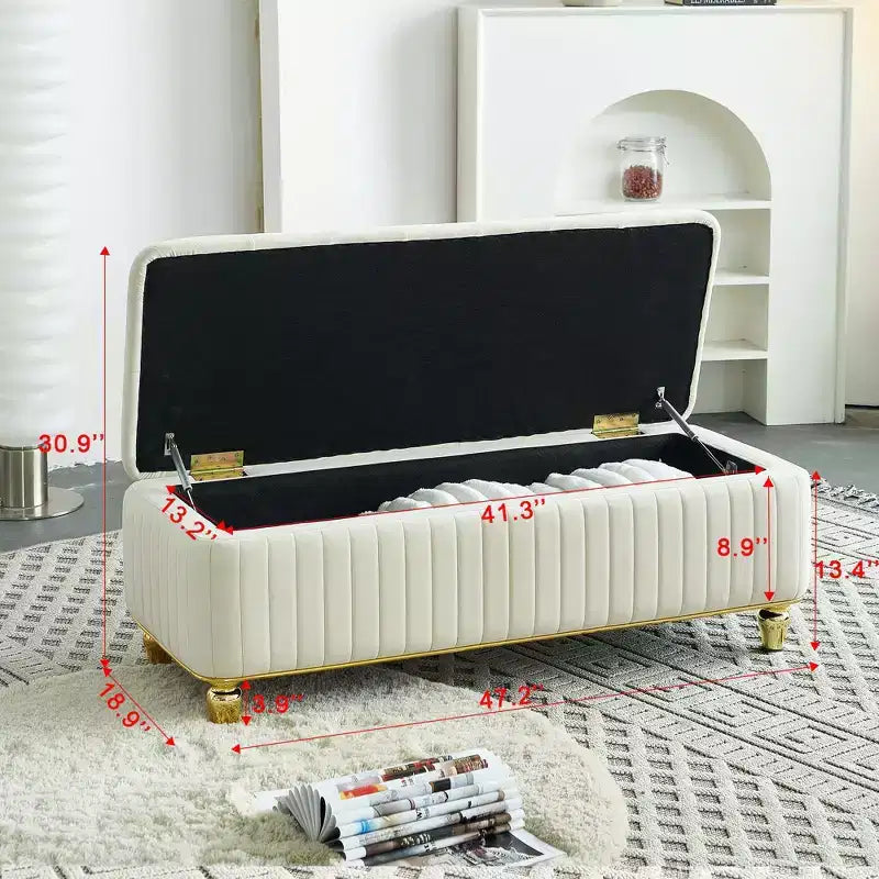Okak Modern Luxury Flip Top Deep Button Ottoman Bench with Gold Decor & Metal Legs,Upholstered Storage Bench for Living Room,Bedroom