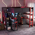 GDFStudio Scott Wooden Gaming Loft Bed with Storage Stairs, Desk, Shelves & Pegboard