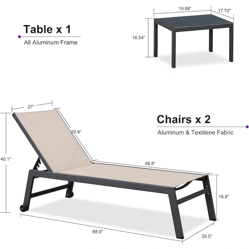 PURPLE LEAF Patio Chaise Lounge Set for 2 Outdoor Chaise Lounger Chair with Aluminum Frame