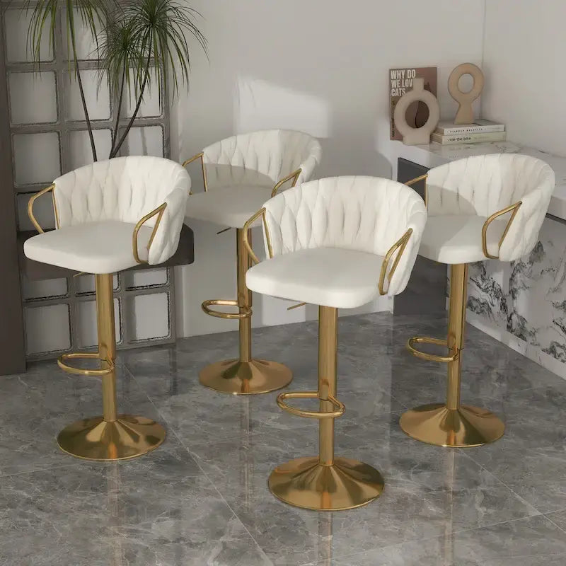 Set of 4 Bar Stool Adjustable Height Swivel Velvet Woven