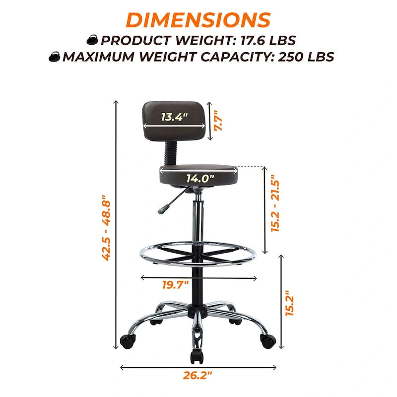 Height Adjustable Drafting Stool - With Premium Leather, Rolling Wheels