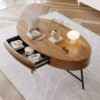 Oval Coffee Table with Drawer Mid-Century Modern Center Table 47.2 Wooden Coffee Table with Storage and Cross Metal Legs Curved Design
