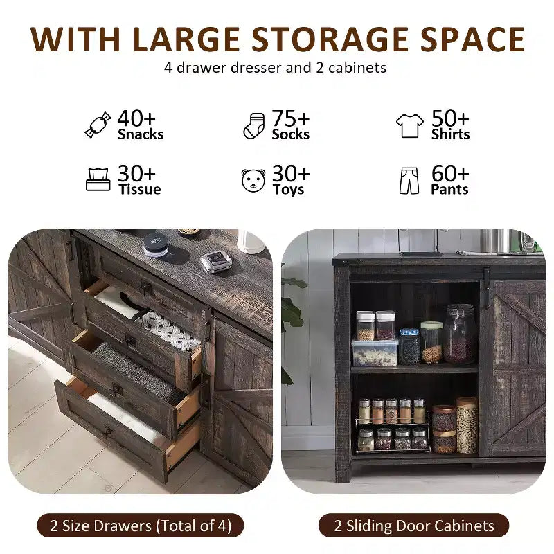 SinCiDo Farmhouse 60Dressing Table with Sliding Barn Door and 4 Drawers,Drawer Cabinet Living Room,Bedroom,Coffee Bar