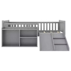 Whisen Twin Size Low Loft Bed Frame for Kids with Slide, Movable Bookshelf Storage, Guardrails, Low Loft Bed Frame