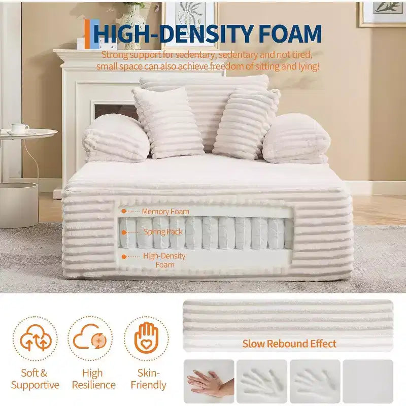Oversized Chaise Lounge Chair Sofa Bed, Corduroy Sleeper Sofa with Pillows and Wide Armrests for Living Room, Bedroom, Movie Room