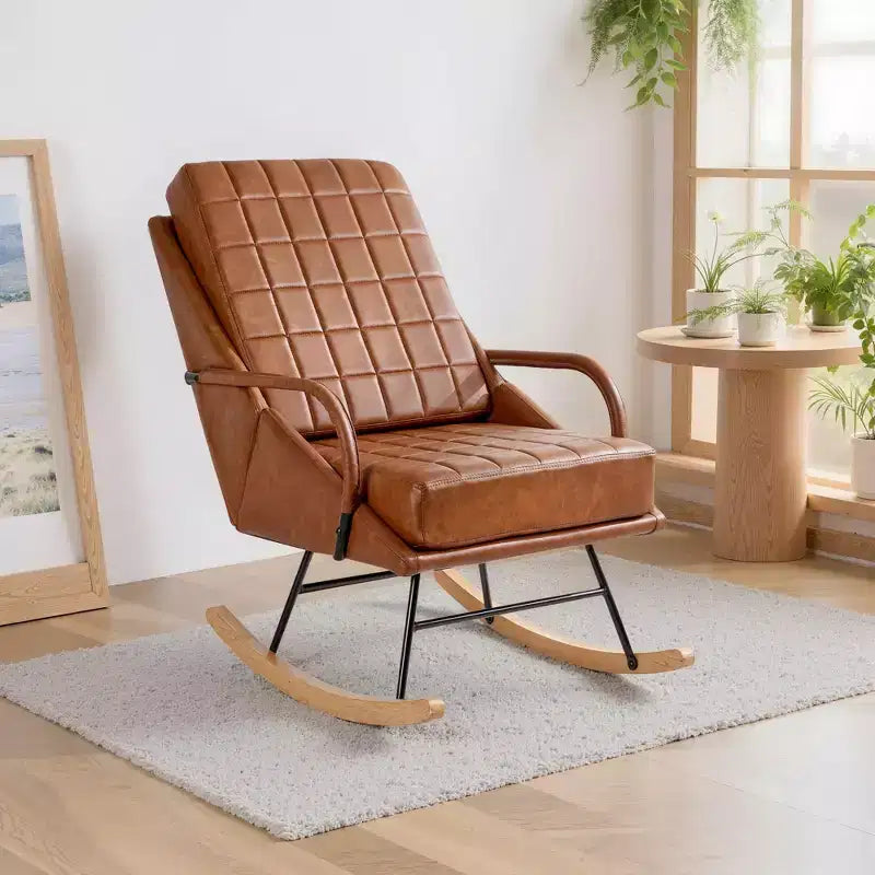 VECELO Upholstered Faux Leather/Teddy Fabric Rocking Chair Modern Lounge Rocker Recliner with Padded Seat, Safe Solid Wood Base White/Brown