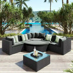 Modern 7-Piece Outdoor Wicker Sofa Set with Coffee Table, Cushions, and Striped Pillows, Suitable for Patio, Garden, Deck
