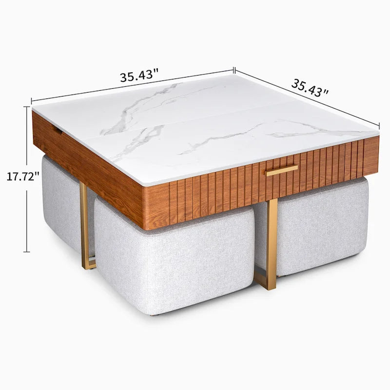 Lift Top Coffee Table with Hidden Storage and 4 Ottomans
