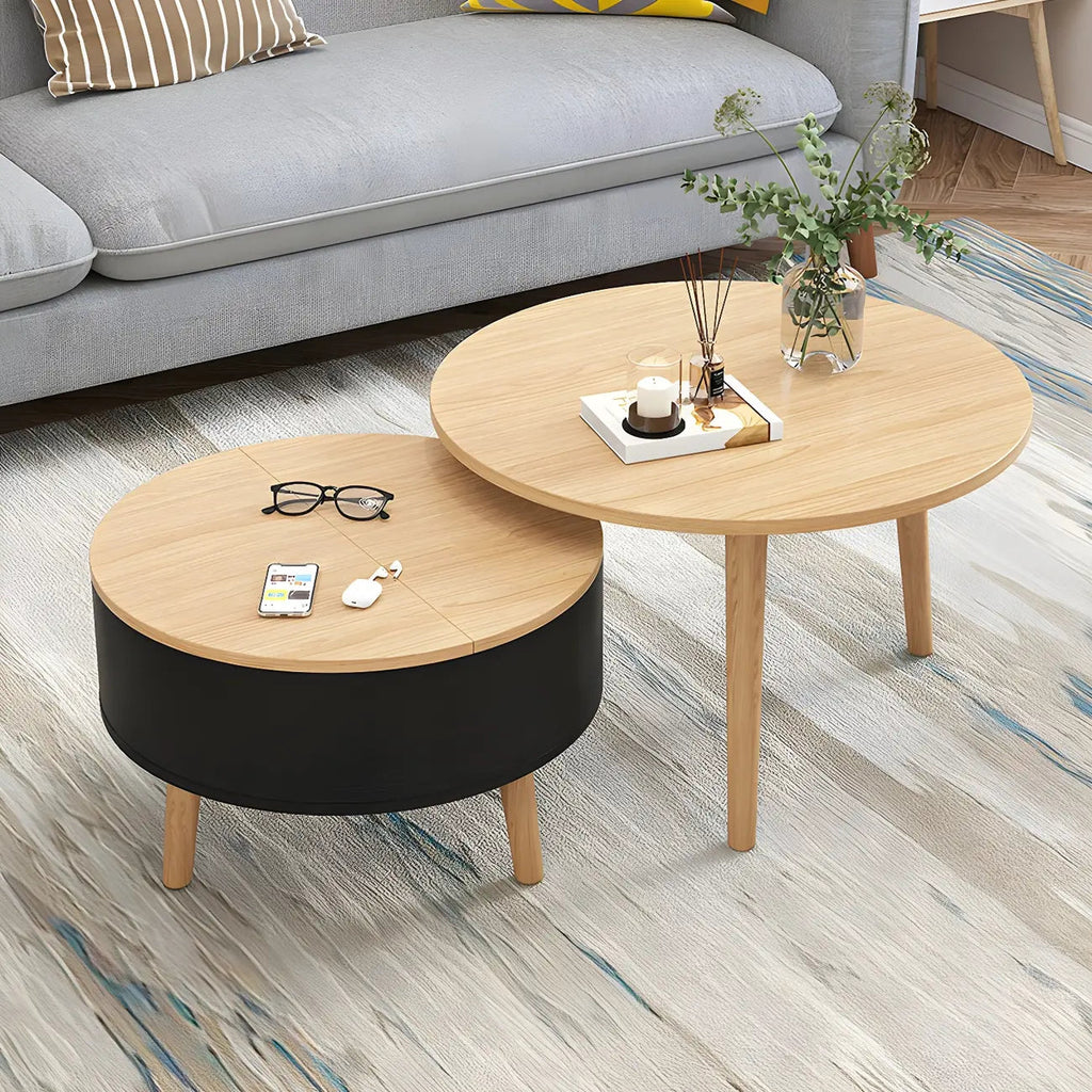 Black White Modern Round Wood Coffee Table with Storage