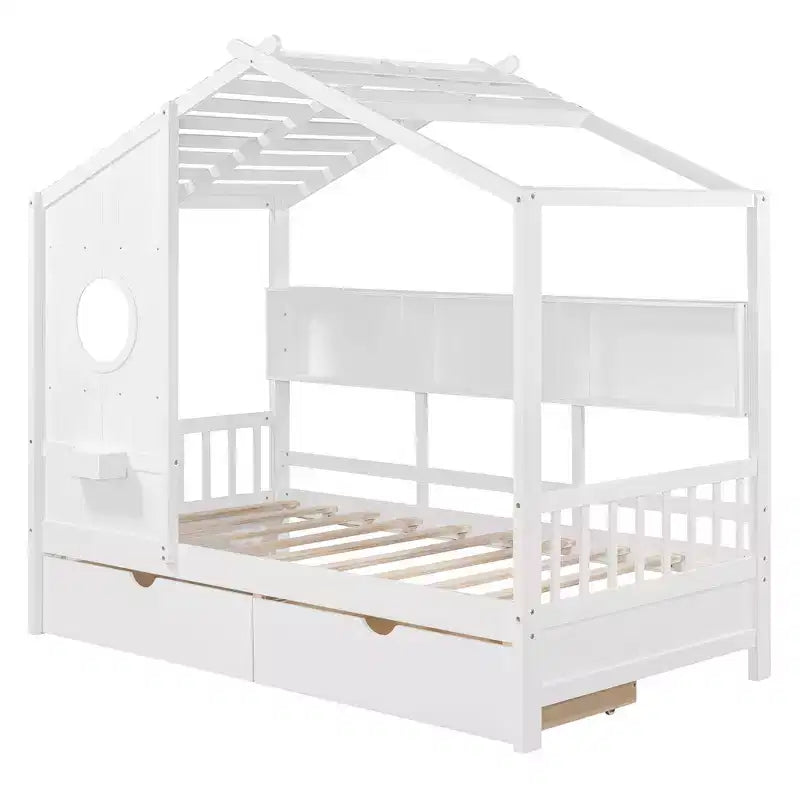 Whisen Twin Size House Bed & Kids Bed, Playhouse Bed with 2 Drawers, Storage Shelf