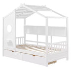 Whisen Twin Size House Bed & Kids Bed, Playhouse Bed with 2 Drawers, Storage Shelf