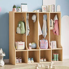 Brown/White 4-Section Cubby Locker with 8 Hooks, for Kids