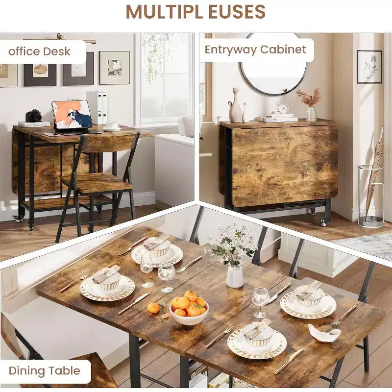 47 5-Piece Farmhouse Folding Dining Set for 4  Wooden Drop Leaf Table on Wheels & 4 Foldable Chairs  Sturdy Steel Frame, Space-Saving for Apartmen
