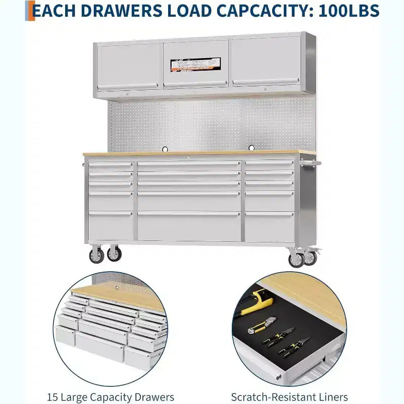 72 inch Tool Chest with Wheels, Garage Workbench, Solid Rubber Wood Top & with Lock Key Locking, Mobile Workstation Tool Cabinet for Workshop Storage