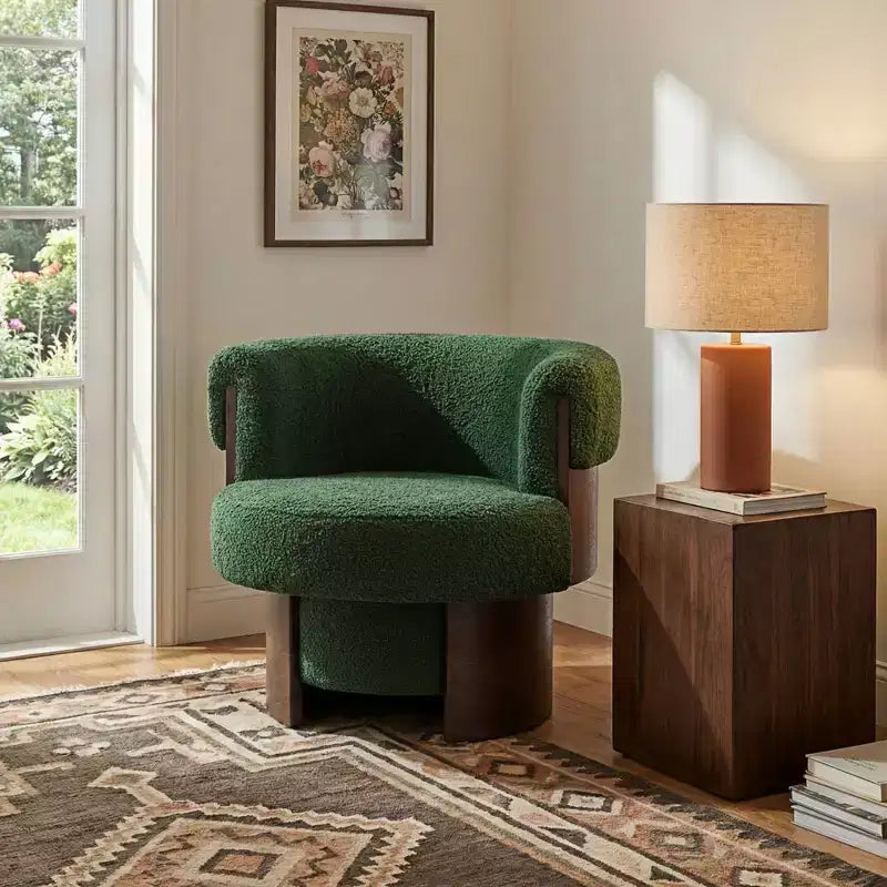 Whisen 360 Swivel Barrel Chair with Sculptural Bentwood Design, Solid Wood Frame, 32 Wide, Versatile for Living Room and Bedroom