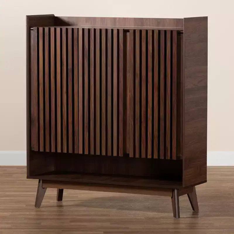 Delaire Mid-Century Modern Walnut Brown Finished Wood Shoe Cabinet