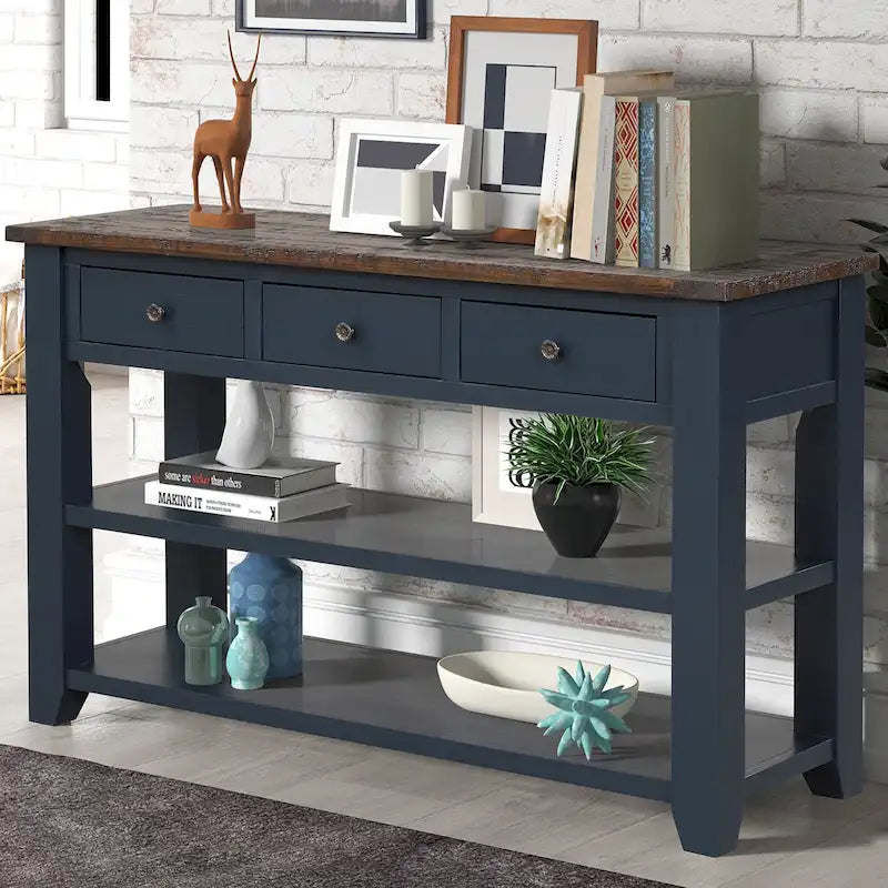 Modern Solid Pine Wood Top Console Table with 3 Drawers and 2 Shelves